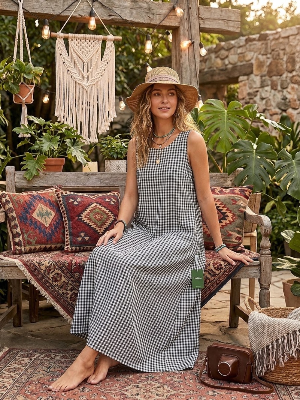 HALARA Black & White Gingham Sleeveless A-Line Dress